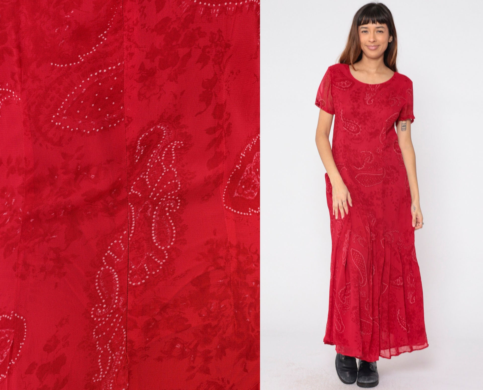 90s Red Paisley Maxi Dress Asymmetrical Drop Waist Short Sleeve Medium