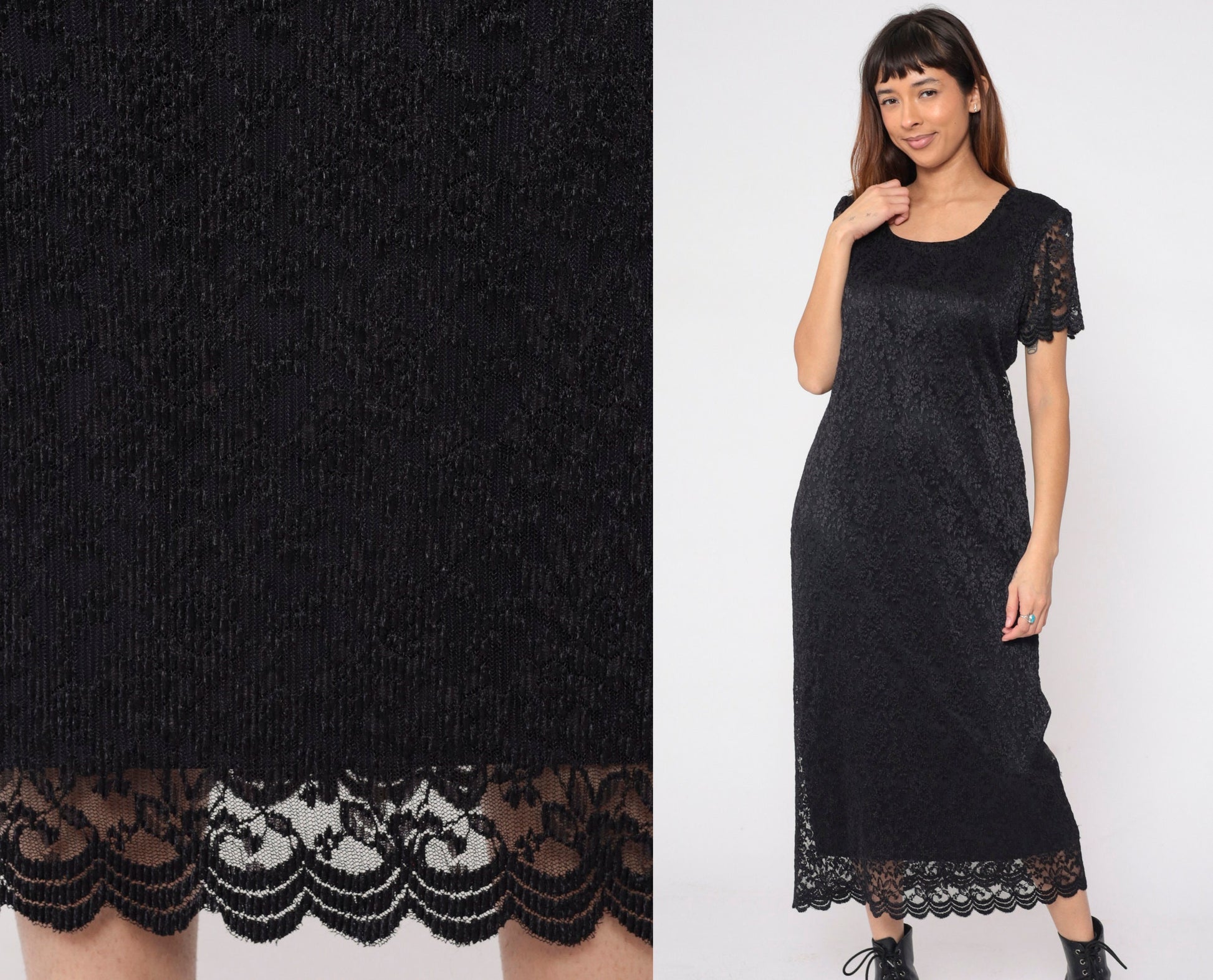 90s Helen Blake Black Lace Floral Midi Dress Scoop Neck Short Sleeve Medium