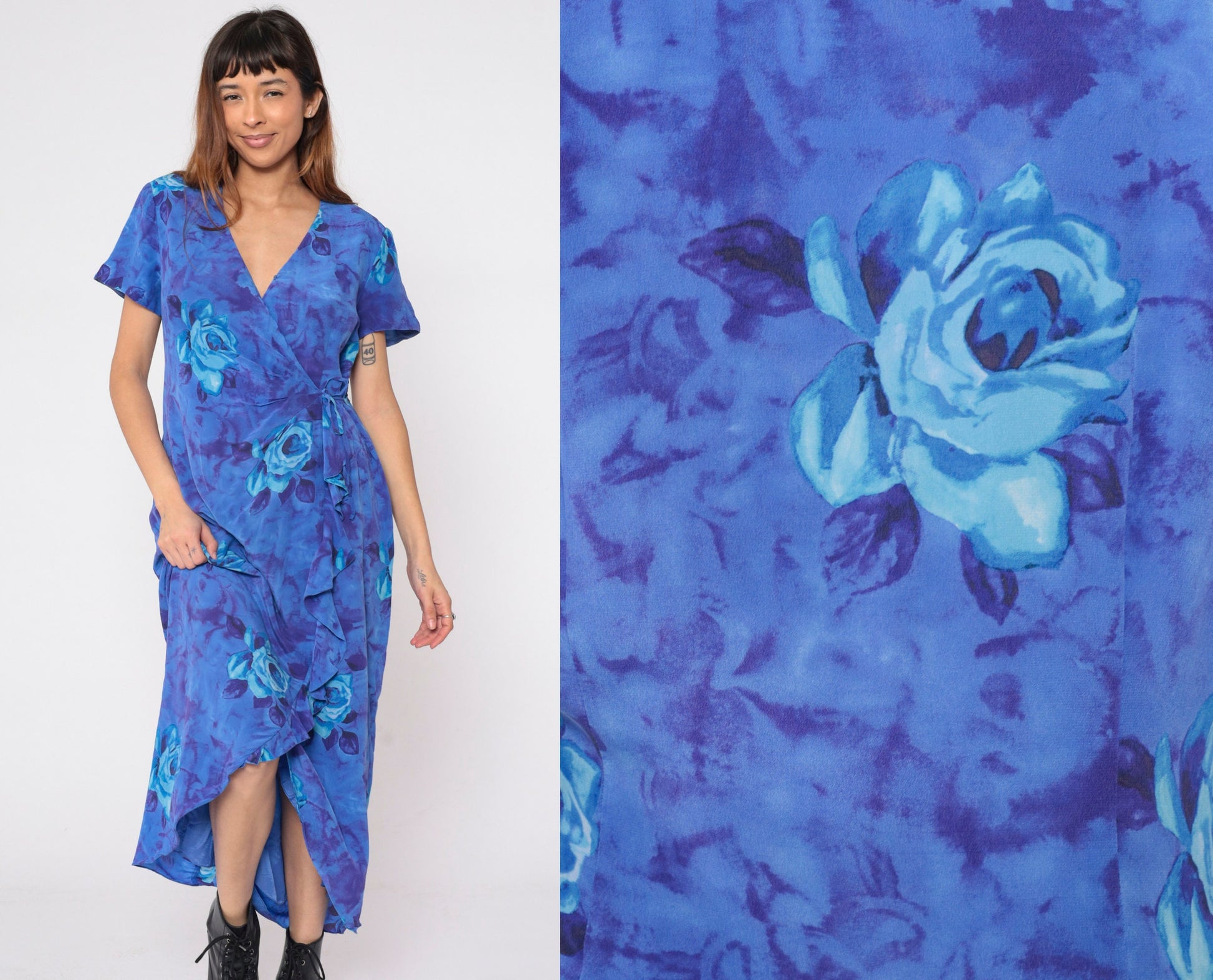 90s Y2K Blue Floral Silk Wrap Dress Waterfall Hem Rose Print Medium