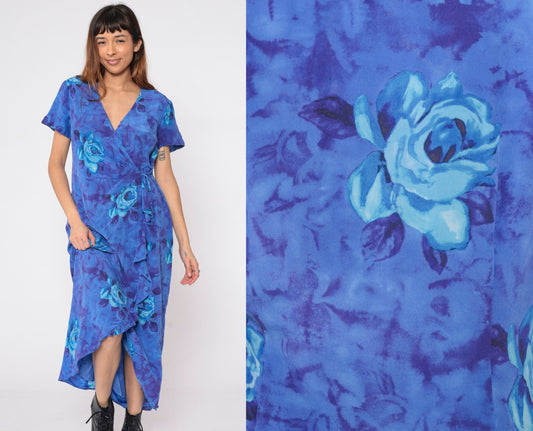90s Y2K Blue Floral Silk Wrap Dress Waterfall Hem Rose Print Medium