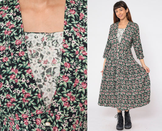 90s Maggie Lawrence Black Floral Midi Dress Basque Waist Lace V-Neck Small S