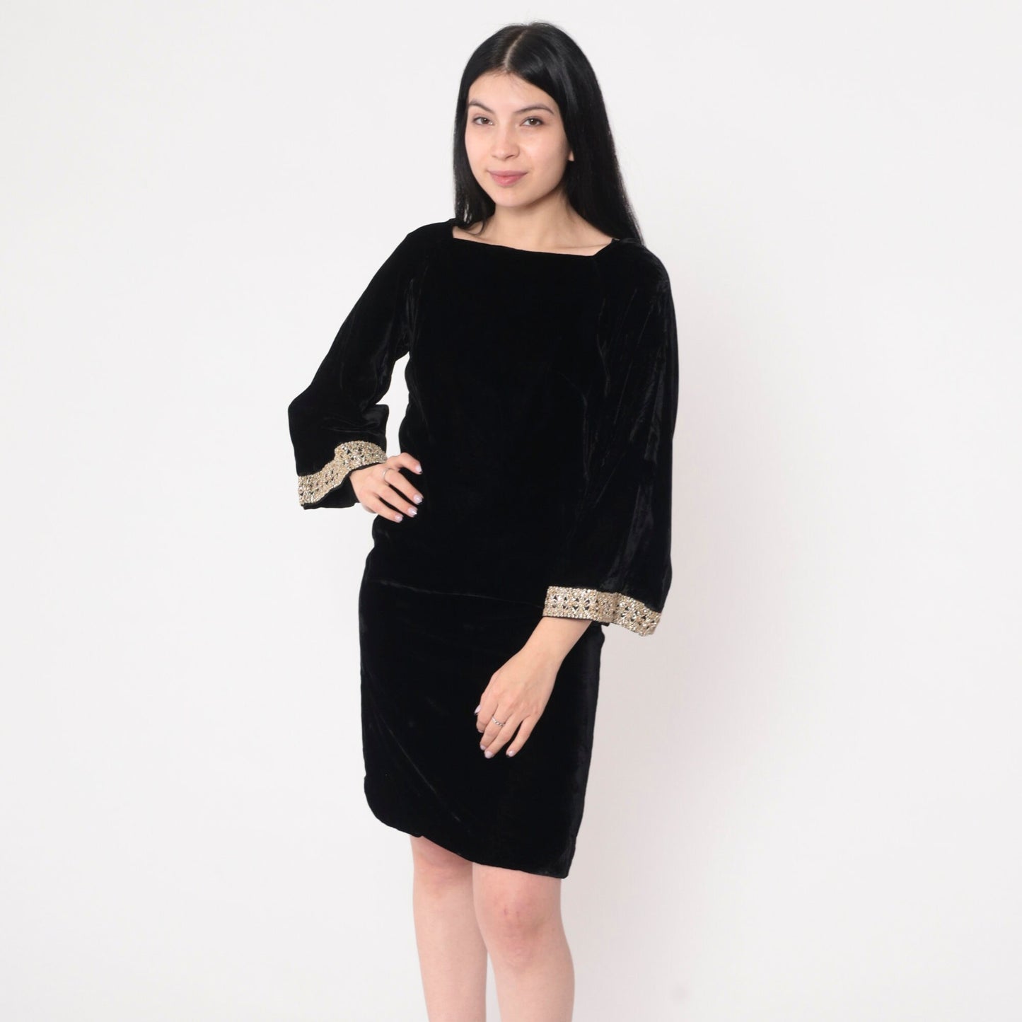 60s Black Velvet Mini Dress Metallic Bell Sleeve Shift Square Neckline Small