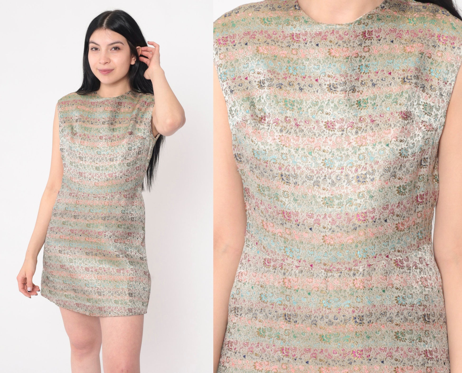 60s Floral Brocade Mini Dress Sleeveless Shift High Waist Small
