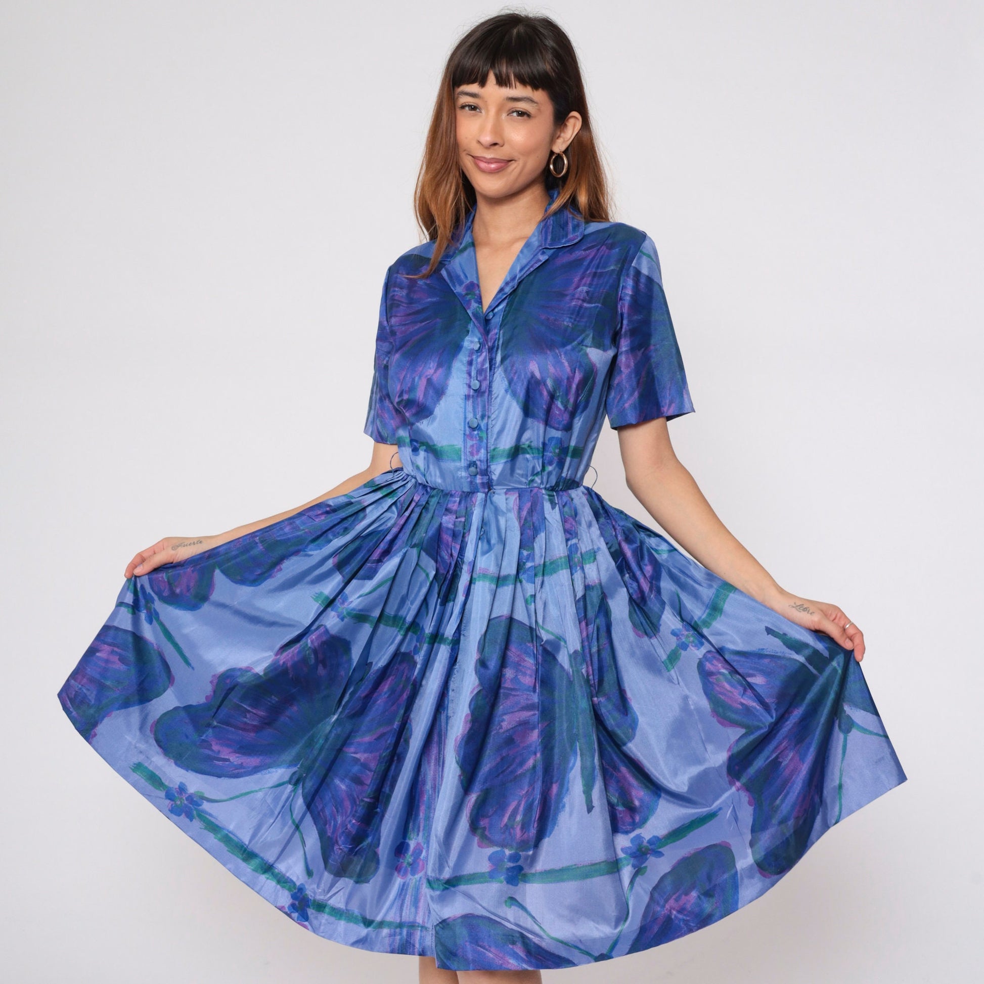60s Butterfly Print Shirtwaist Dress Purple Blue Knee-Length Small