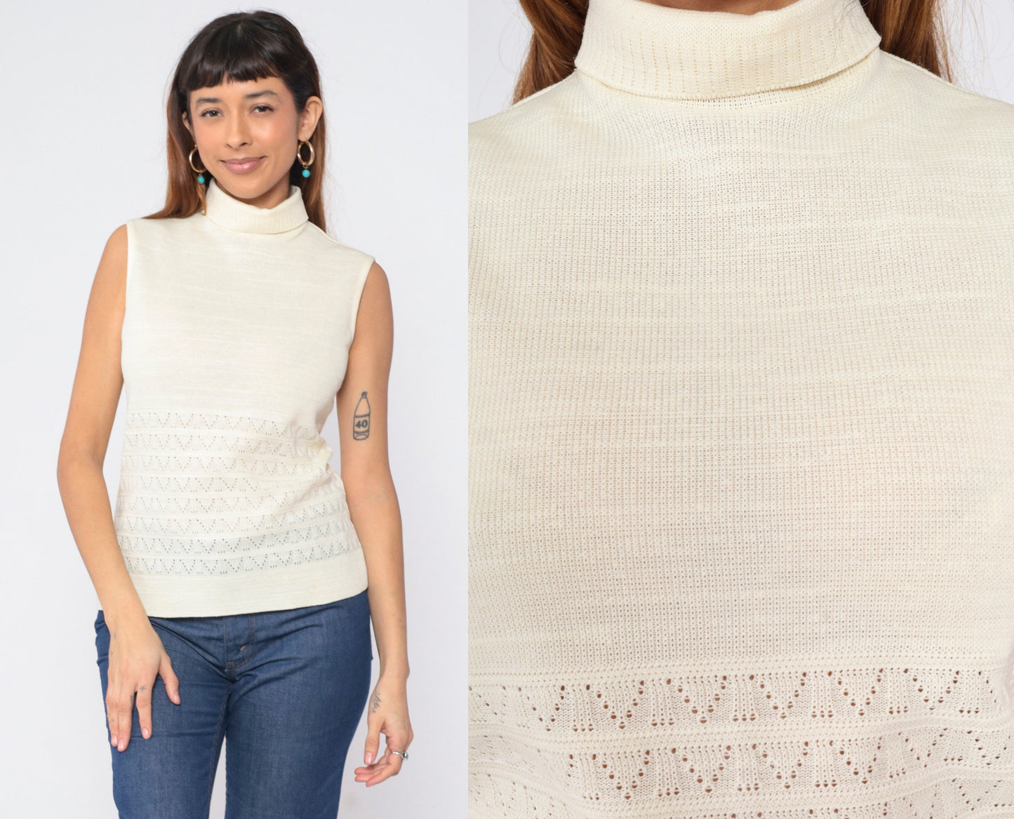 70s Cream Pointelle Knit Tank Top Mock Neck Cutout Sleeveless Small S