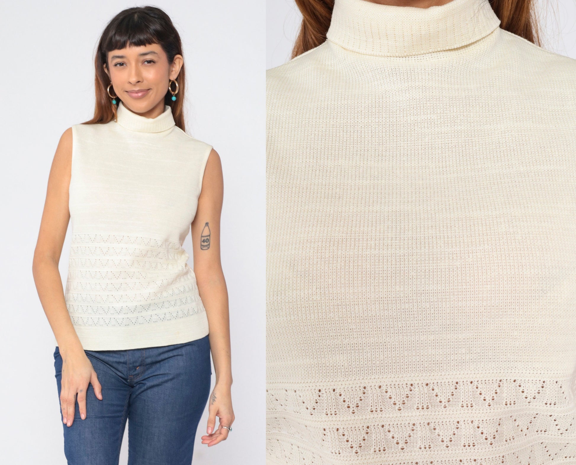 70s Cream Pointelle Knit Tank Top Mock Neck Cutout Sleeveless Small S