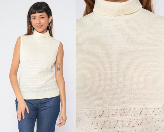 70s Cream Pointelle Knit Tank Top Mock Neck Cutout Sleeveless Small S
