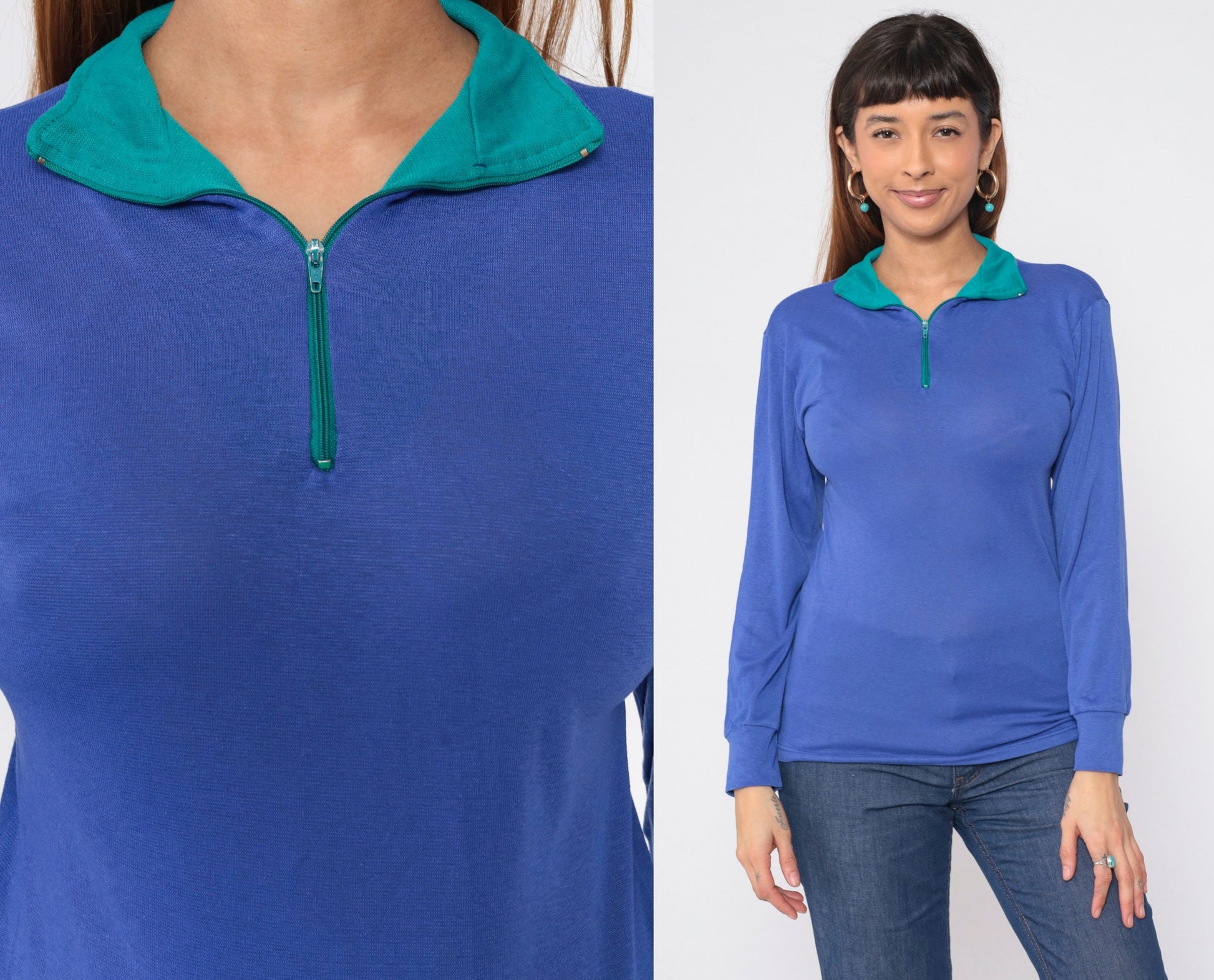90s REI Quarter Zip Long Sleeve Shirt Blue Green Collar Small Medium