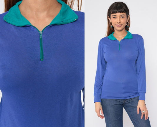 90s REI Quarter Zip Long Sleeve Shirt Blue Green Collar Small Medium