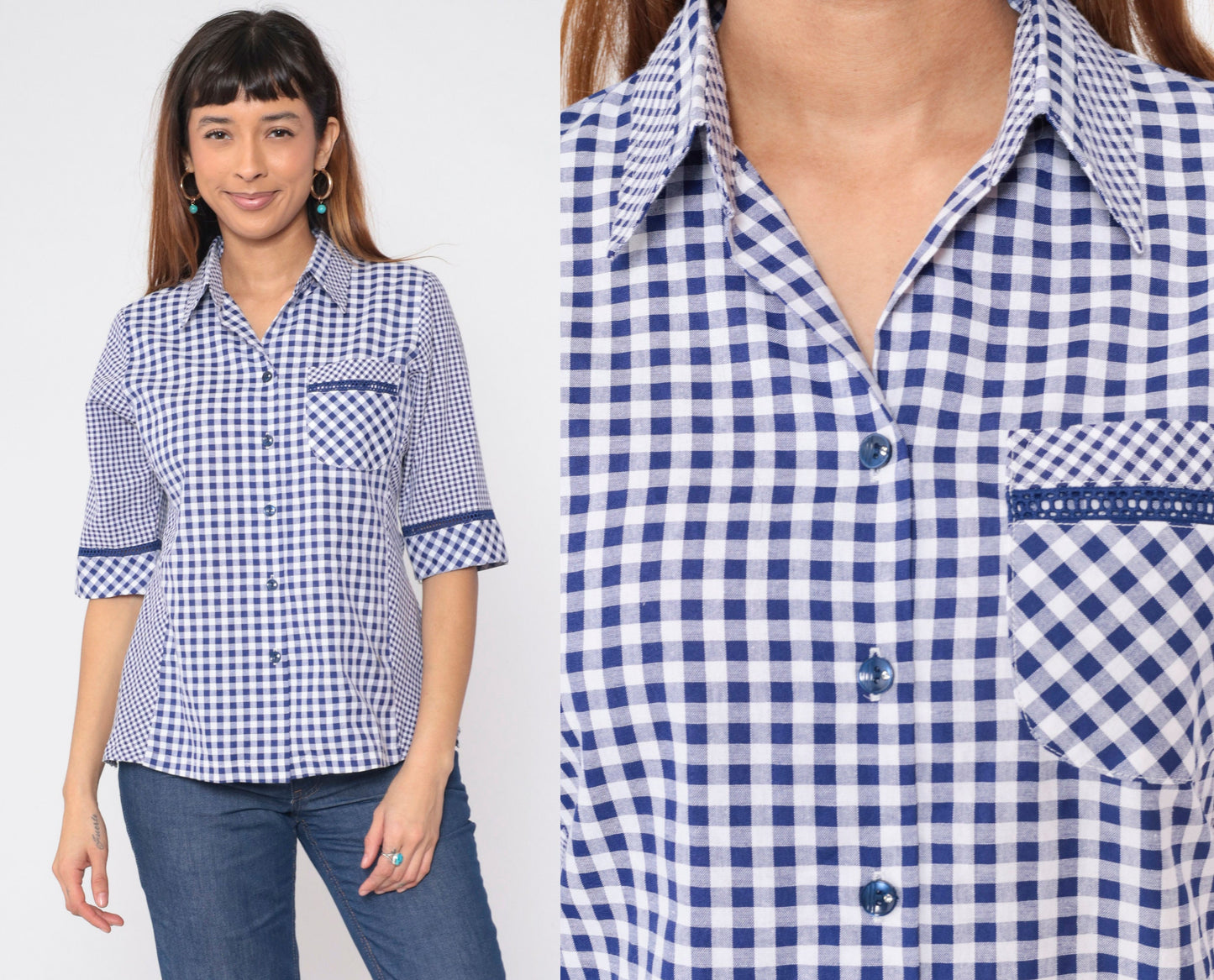 90s Blue White Gingham Button-Up Blouse Half Sleeve Collared Shirt Medium