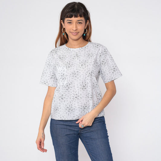90s Checkered Paisley White T-Shirt Pocket Tee Short Sleeve Medium M