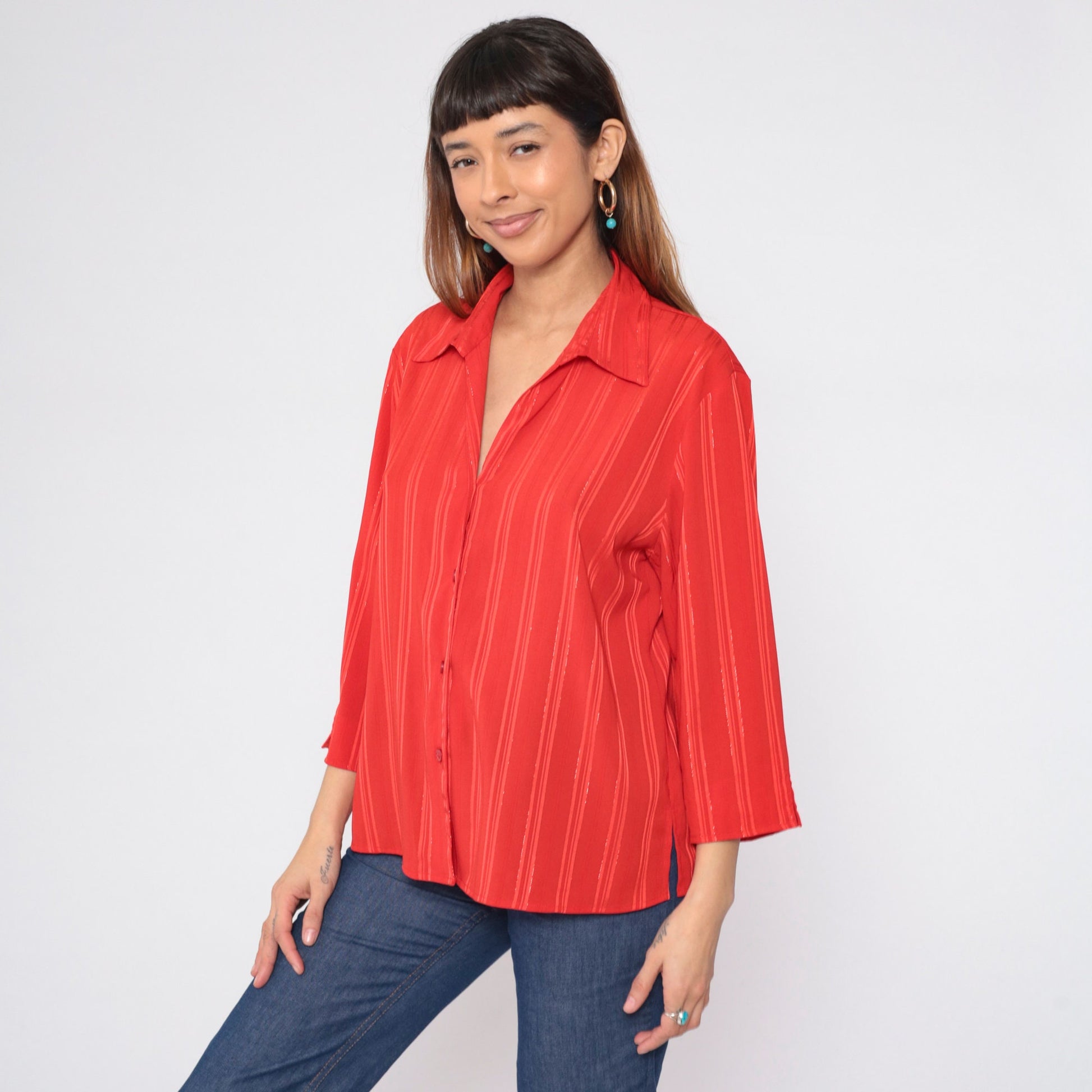 90s Red Metallic Striped Button-Up Blouse Collared V-Neck Large L