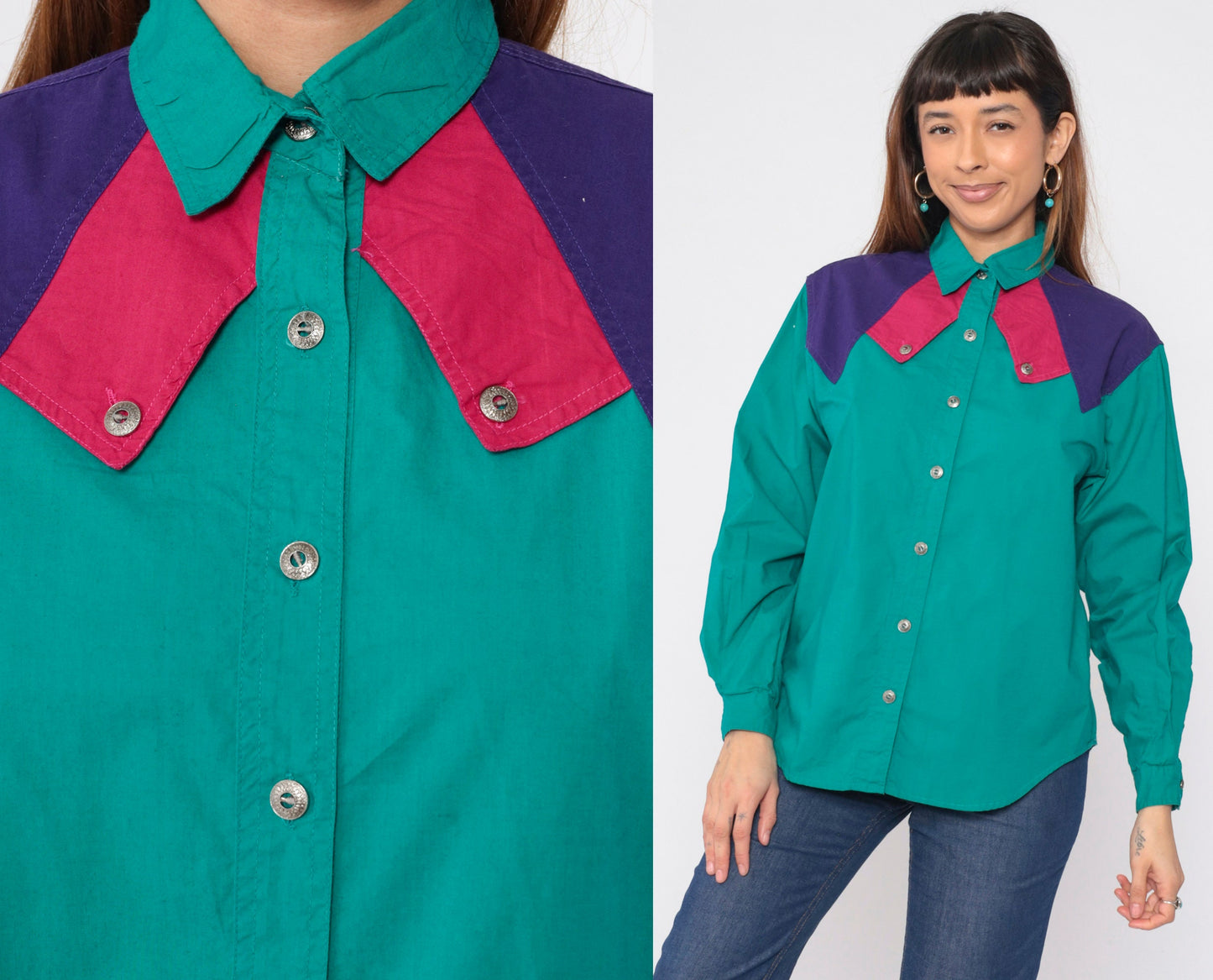 90s Dakota Rodeo Western Blouse Teal Colorblock Yoke Capelet Medium