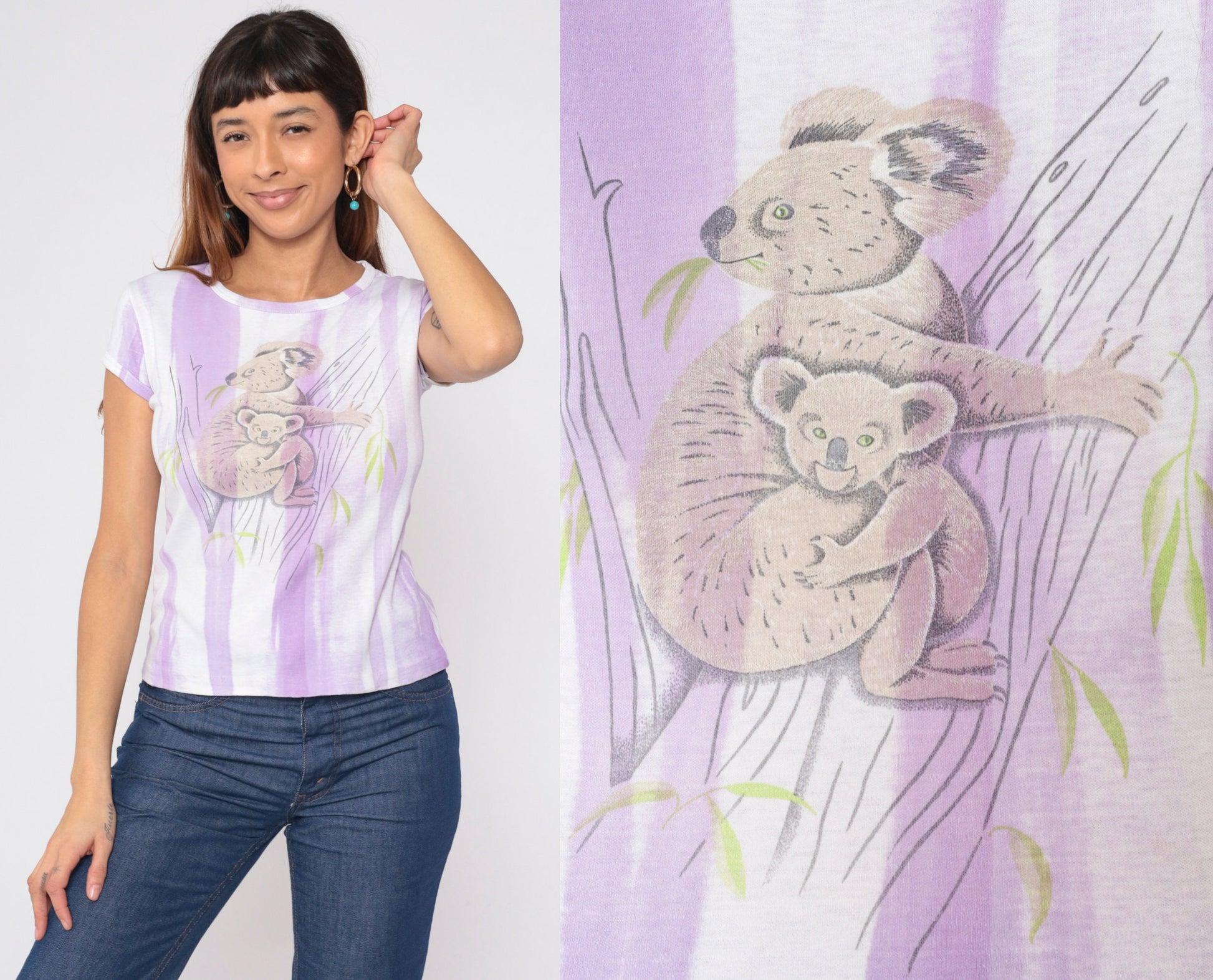 80s Koala Mama Baby Graphic T-Shirt Purple White Striped Cap Sleeve Small Medium