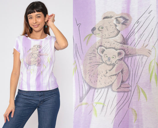 80s Koala Mama Baby Graphic T-Shirt Purple White Striped Cap Sleeve Small Medium