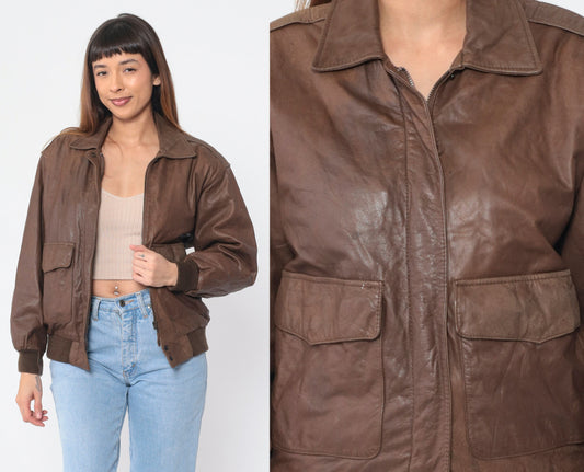 90s Georgetown Leathers Brown Leather Bomber Jacket Small S