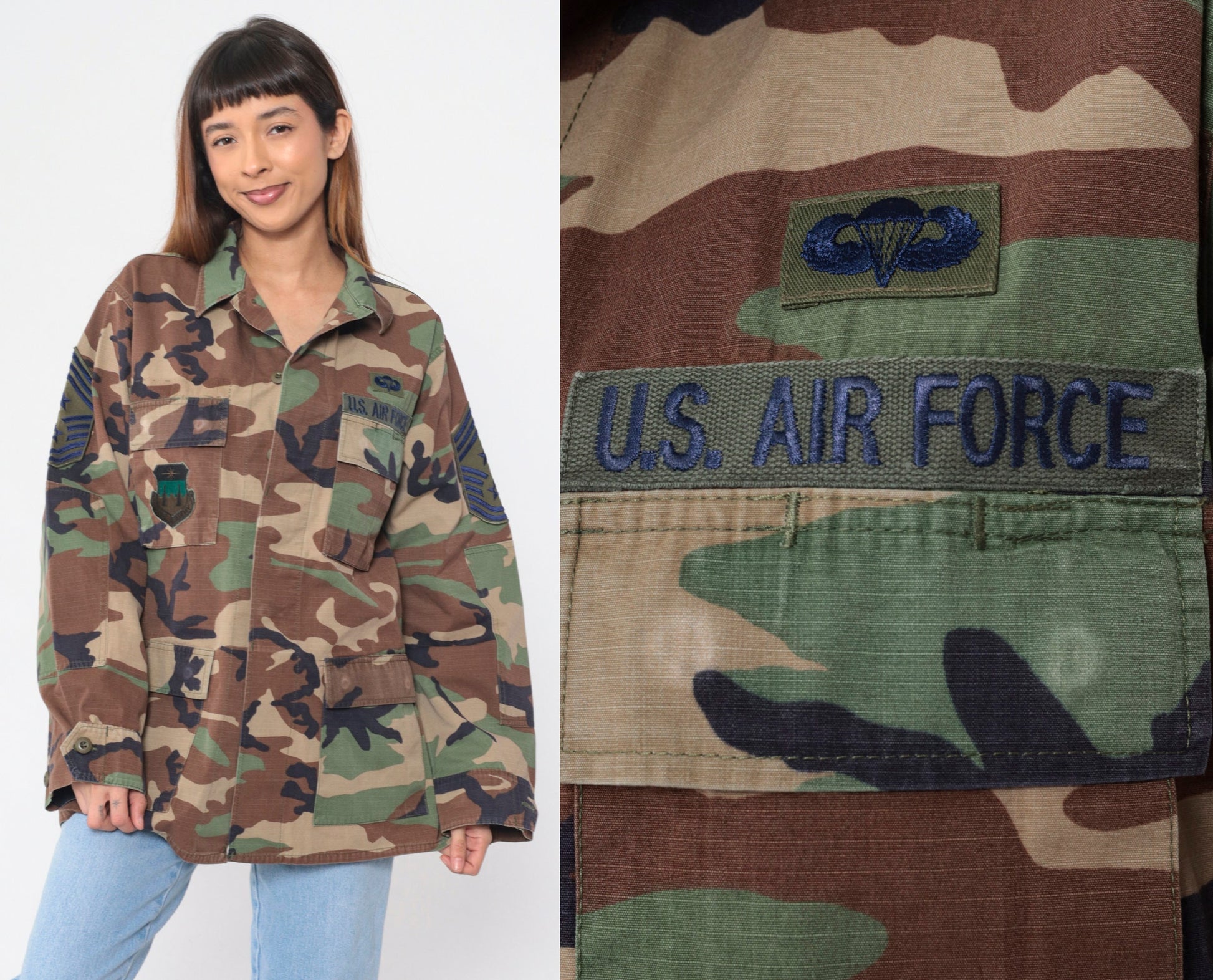 1980s US Air Force Camouflage Jacket Cargo Pockets Button Up Medium Long