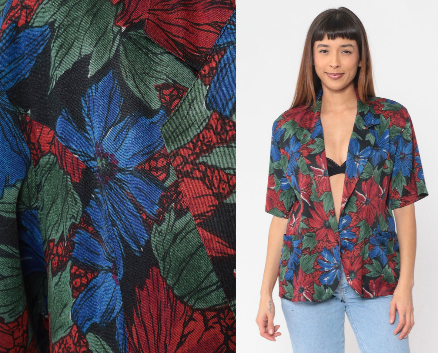 90s Floral Print Button-Up Blouse Deep V-Neck Short Sleeve Medium