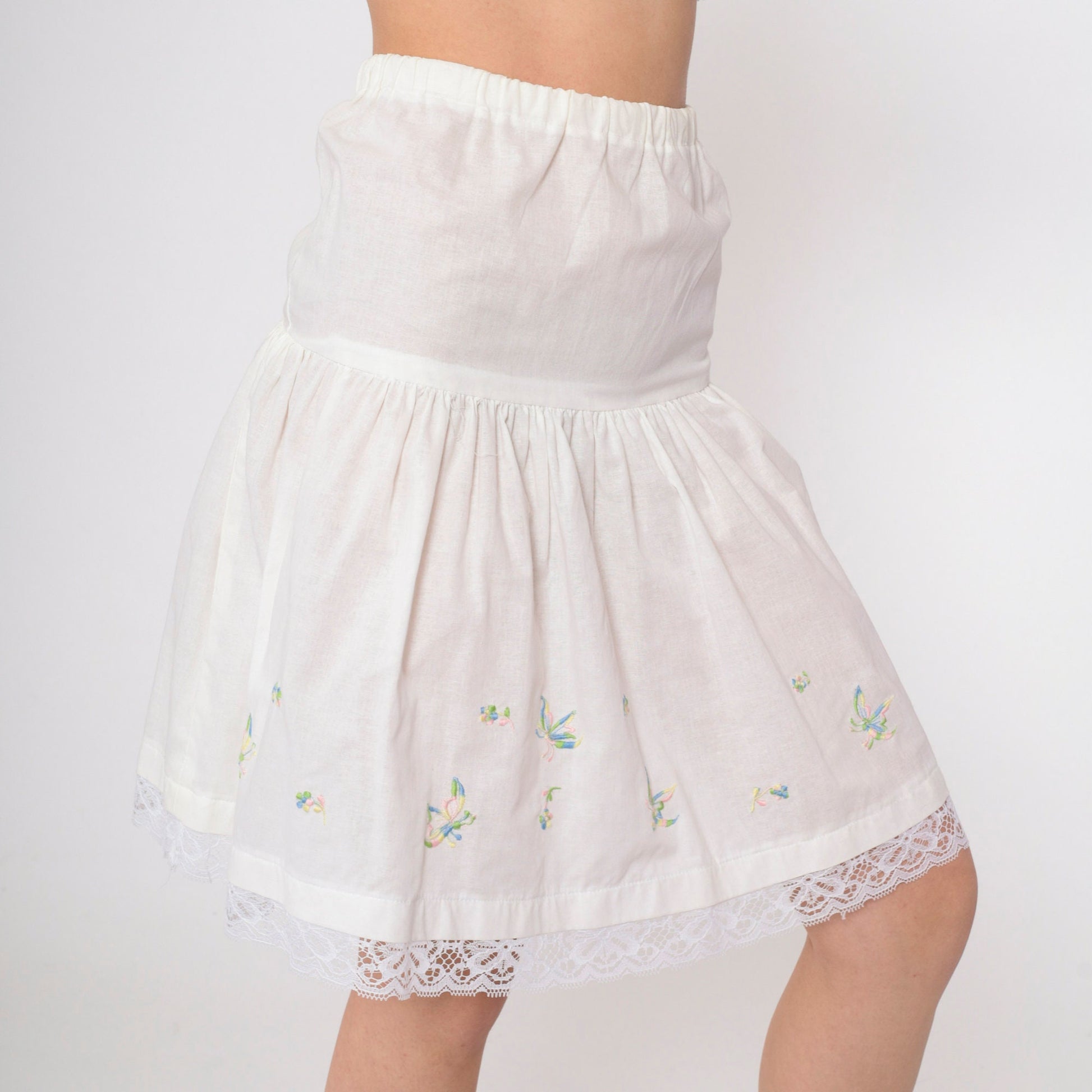 70s White Butterfly Embroidered Slip Skirt Lace Trim Extra Small