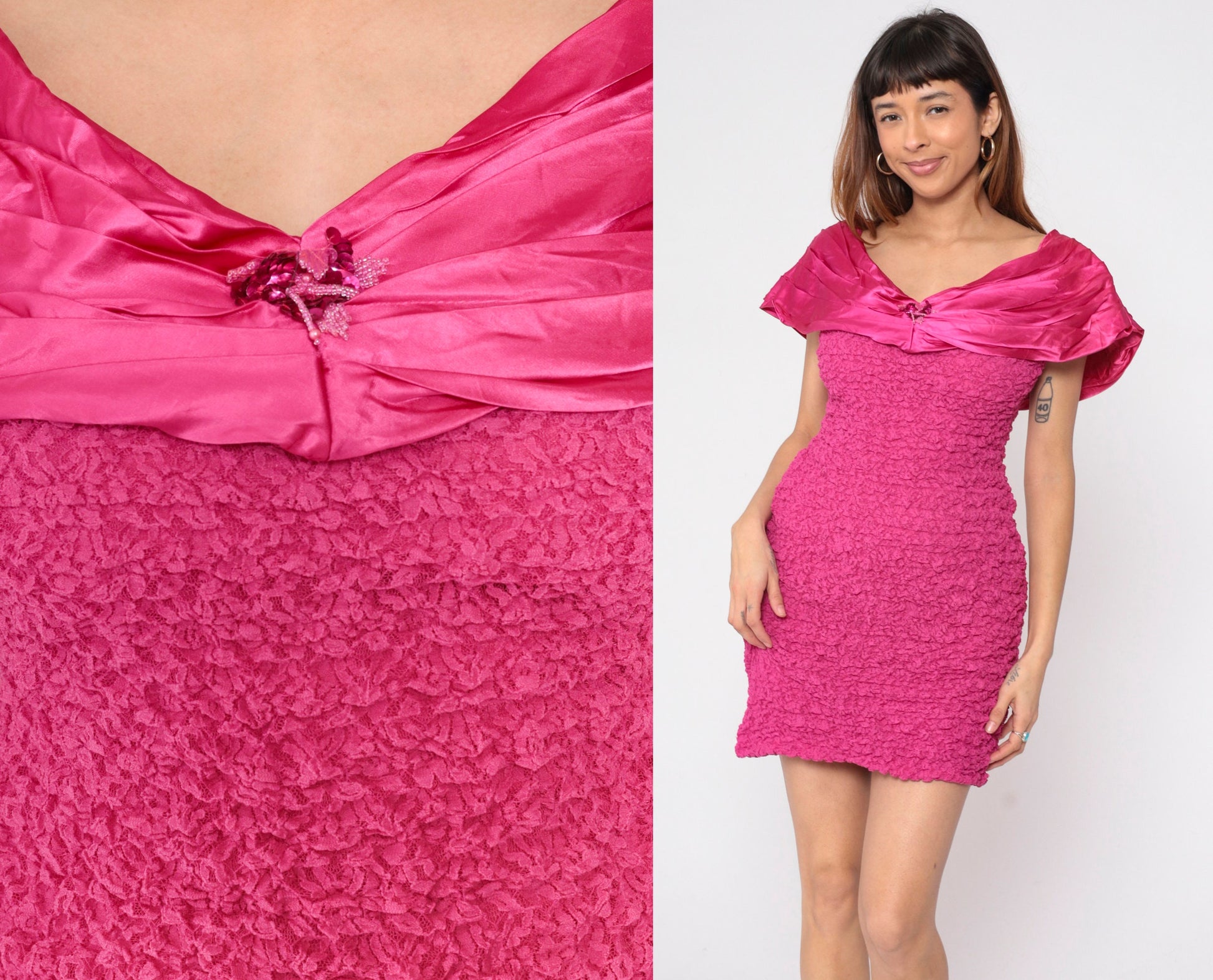 90s Hot Pink Lace Bodycon Mini Dress Bardot Sequin Beaded Trim Small