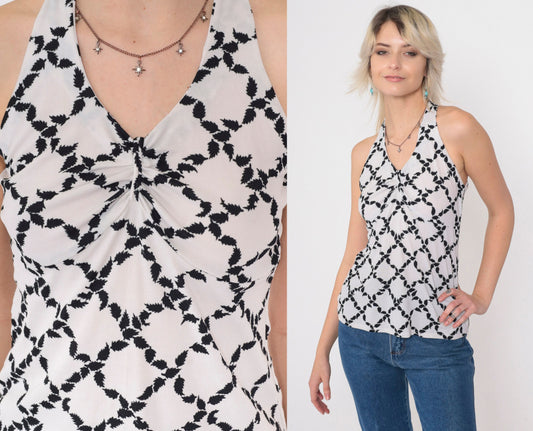 70s Halter Tank Top Black White Leaf Print Racerback Small