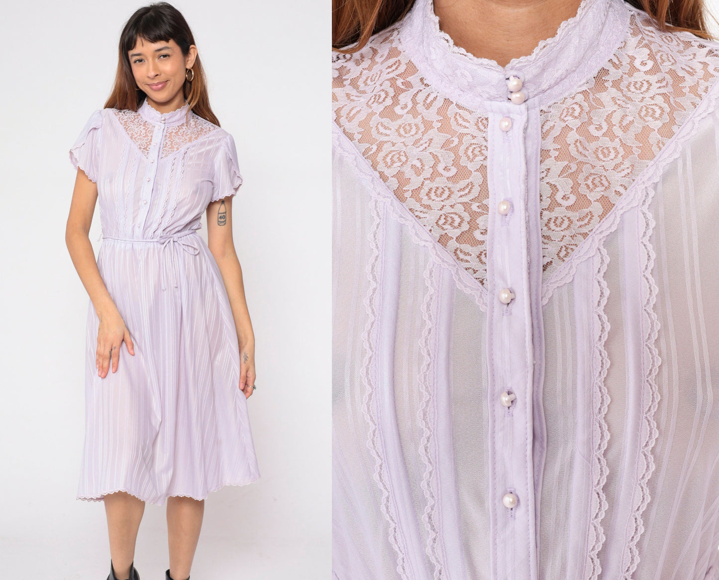 70s Lavender Striped Prairie Dress Lace Yoke Button-Up Tulip Sleeve Small