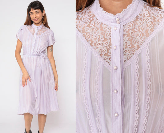 70s Lavender Striped Prairie Dress Lace Yoke Button-Up Tulip Sleeve Small
