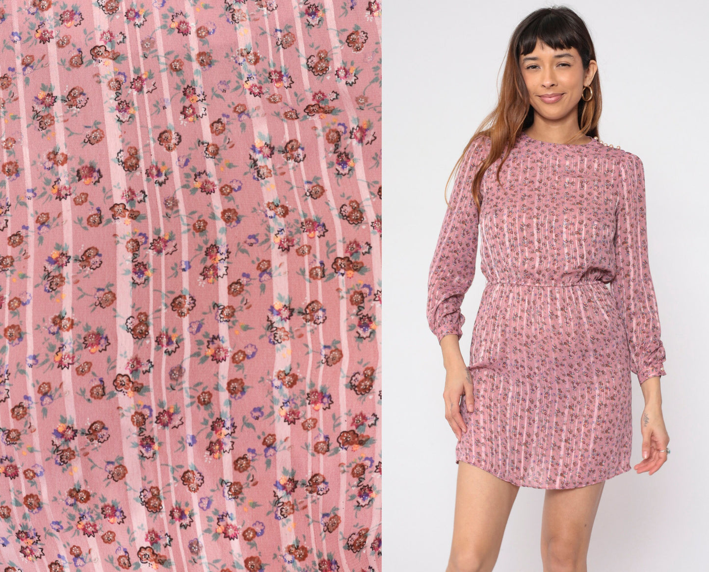 70s Pink Floral Striped Mini Dress Puff Sleeve Pearl Buttons High Waist Small