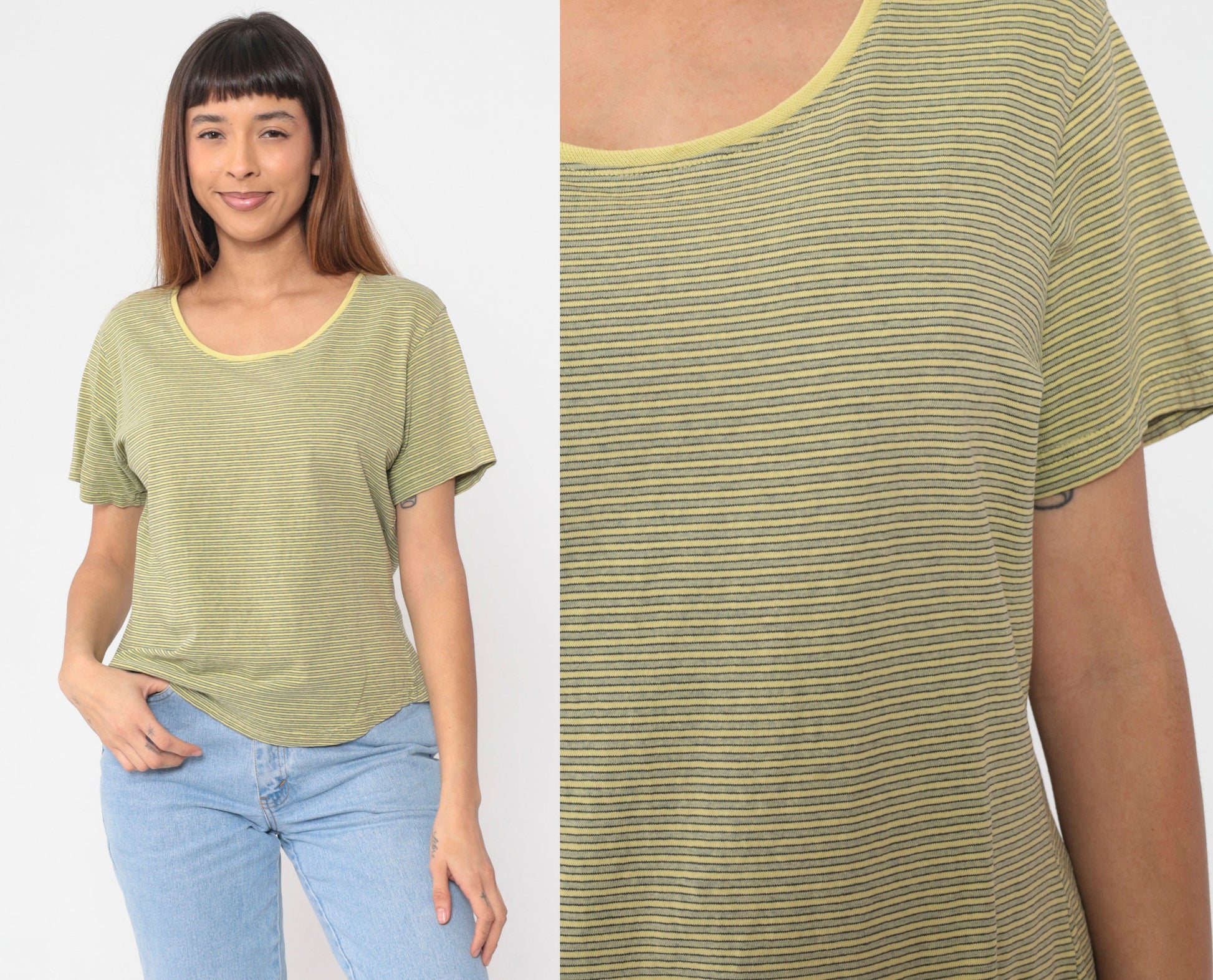 90s Gramicci Striped Yellow Scoop Neck T-Shirt Cotton Short Sleeve Large