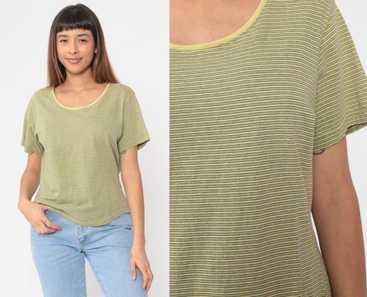 90s Gramicci Striped Yellow Scoop Neck T-Shirt Cotton Short Sleeve Large