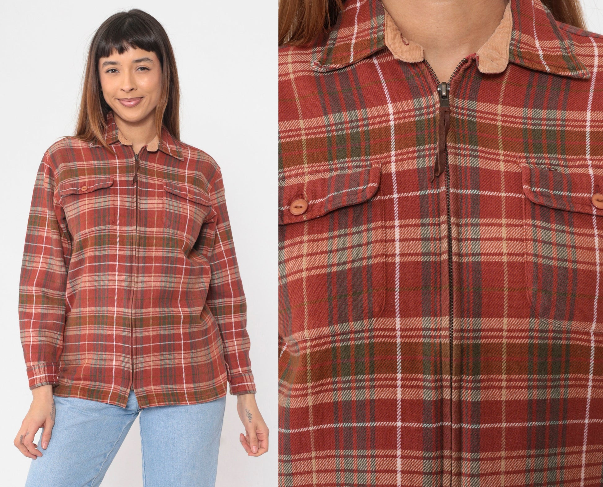 Y2K Plaid Flannel Zip Jacket Red Checkered Cotton Shacket Small