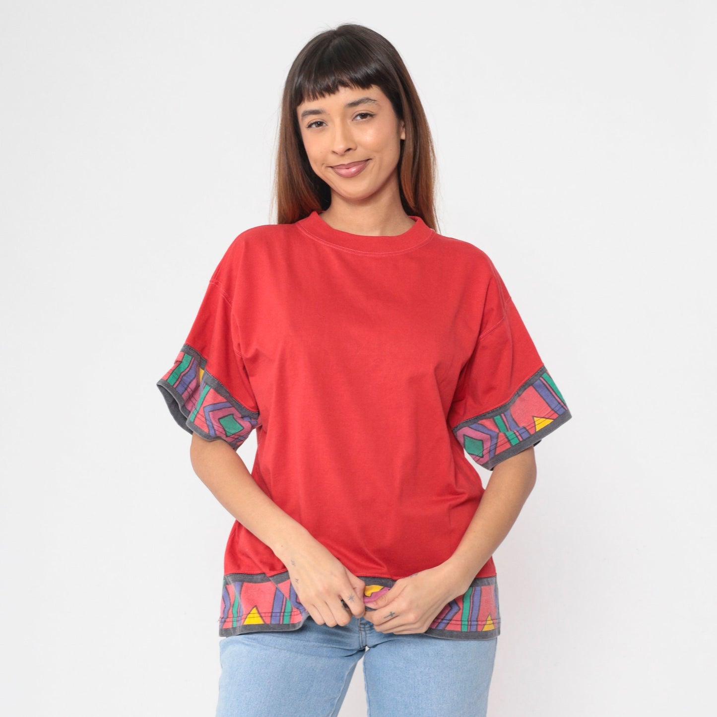 90s Southwestern Geometric Red Graphic T-Shirt Cotton Large