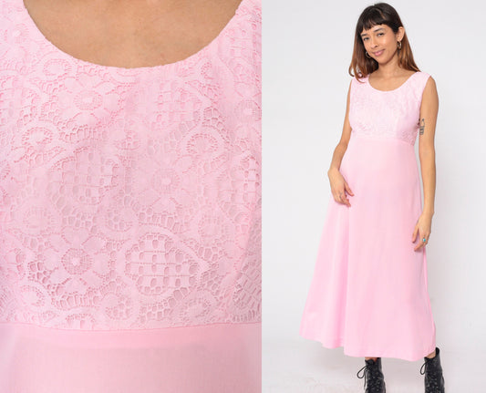 70s Pink Lace Maxi Dress High Waist Scoop Neck Sleeveless Medium