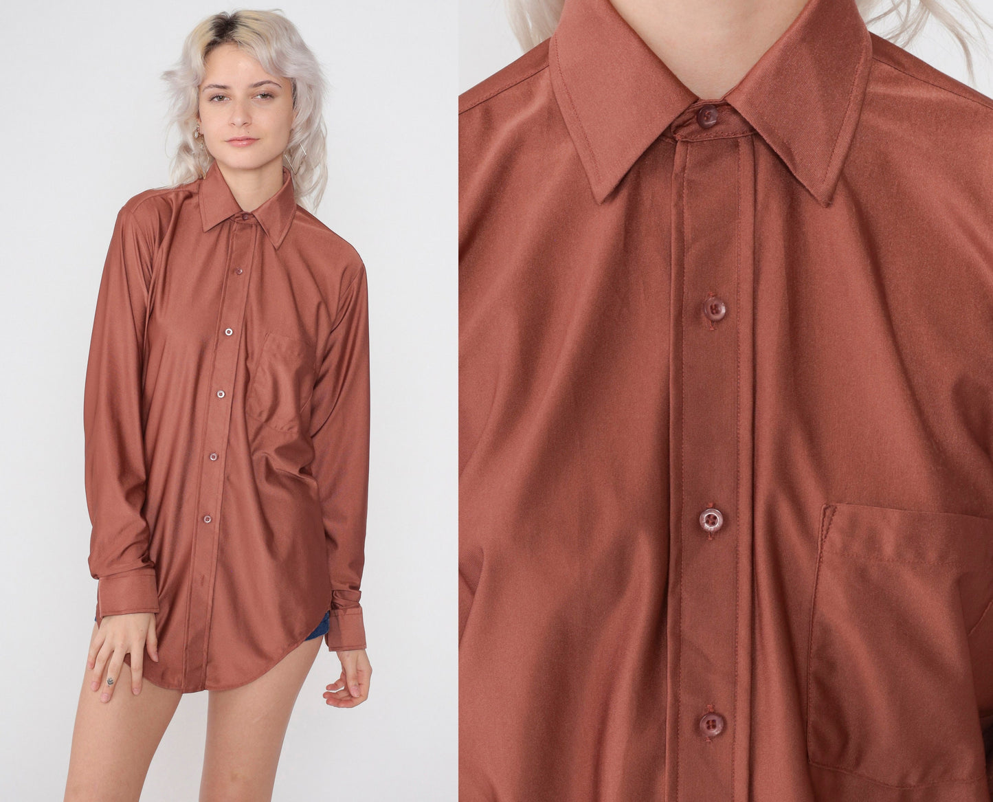 70s Van Heusen Brown Dagger Collar Button-Up Shirt Long Sleeve Medium