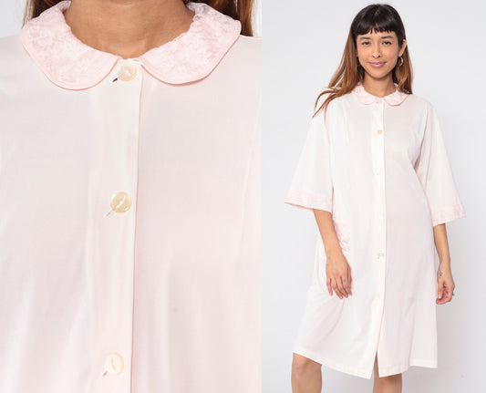 70s Baby Pink Lace Trim Pajama Robe 3/4 Sleeve Button Front Midi Medium