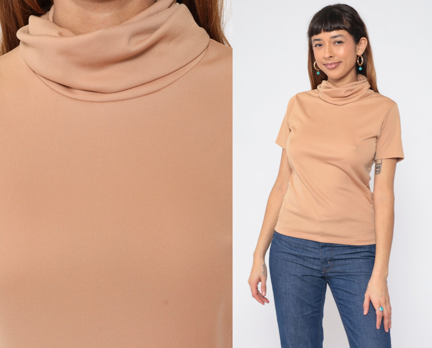 70s Tan Turtleneck Short Sleeve Blouse Medium M