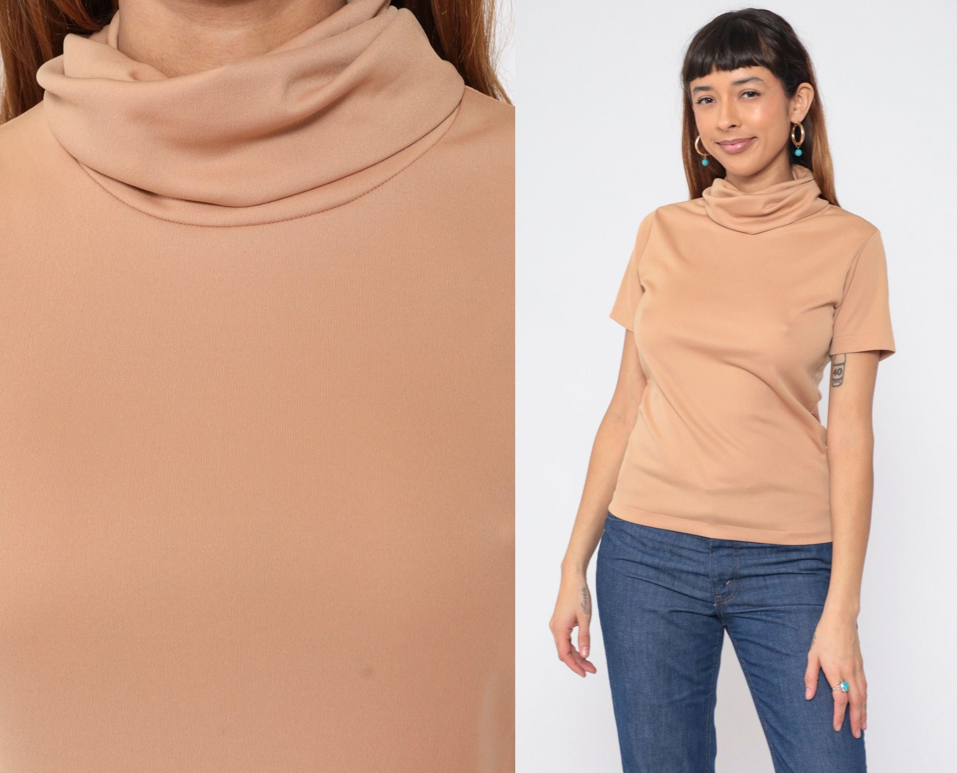 70s Tan Turtleneck Short Sleeve Blouse Medium M