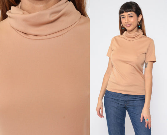 70s Tan Turtleneck Short Sleeve Blouse Medium M