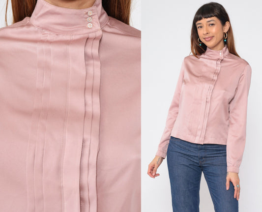 90s Ellen Tracy Pink Pleated Blouse Mock Neck Long Sleeve Medium