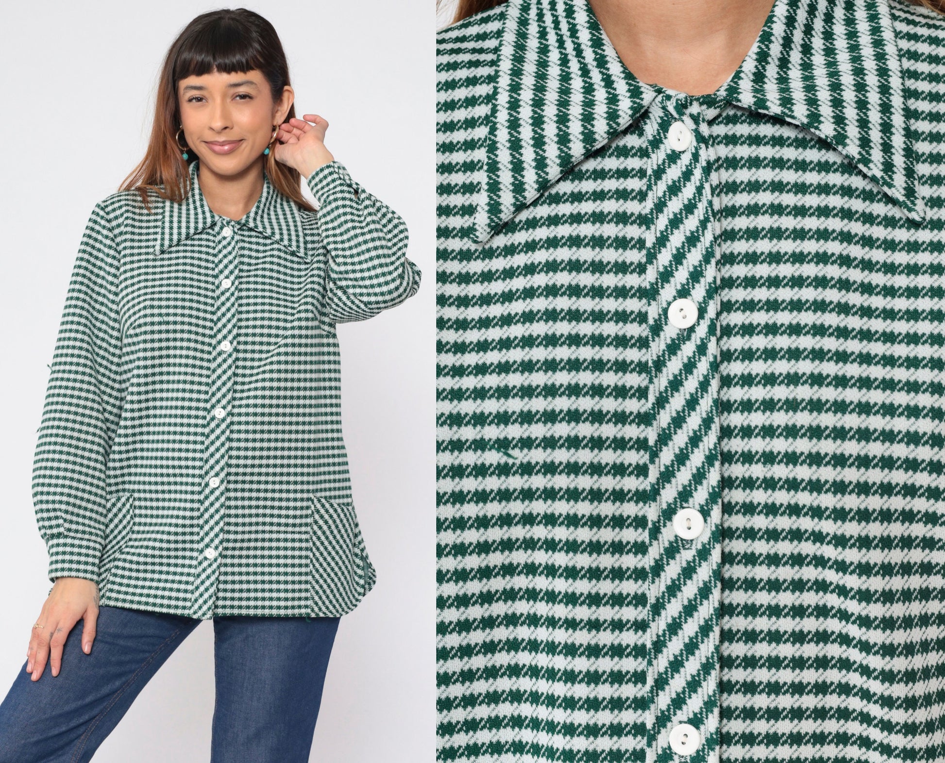 70s Green White Checkered Button-Up Blouse Long Sleeve Collared Shirt Extra Large