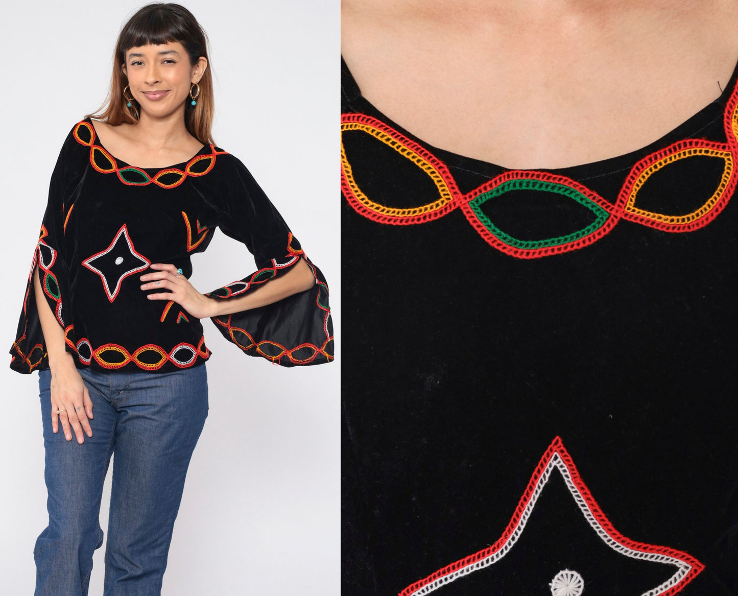 80s Black Velvet Blouse Embroidered Split Bell Sleeve Open Back Medium M