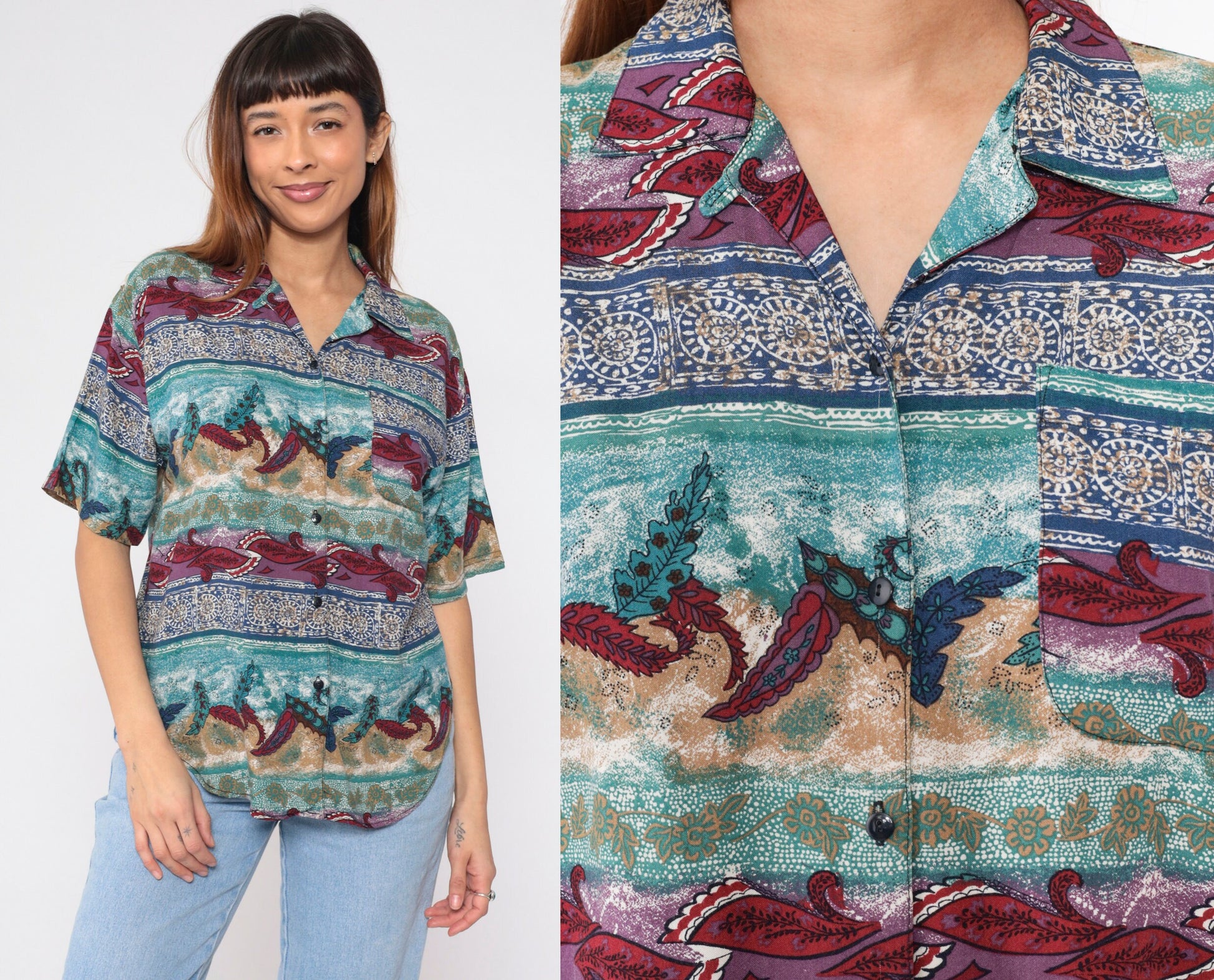 90s Indian Mandala Leaf Button-Up Blouse Short Sleeve Floral Print Blue Red Medium M