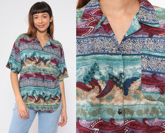 90s Indian Mandala Leaf Button-Up Blouse Short Sleeve Floral Print Blue Red Medium M