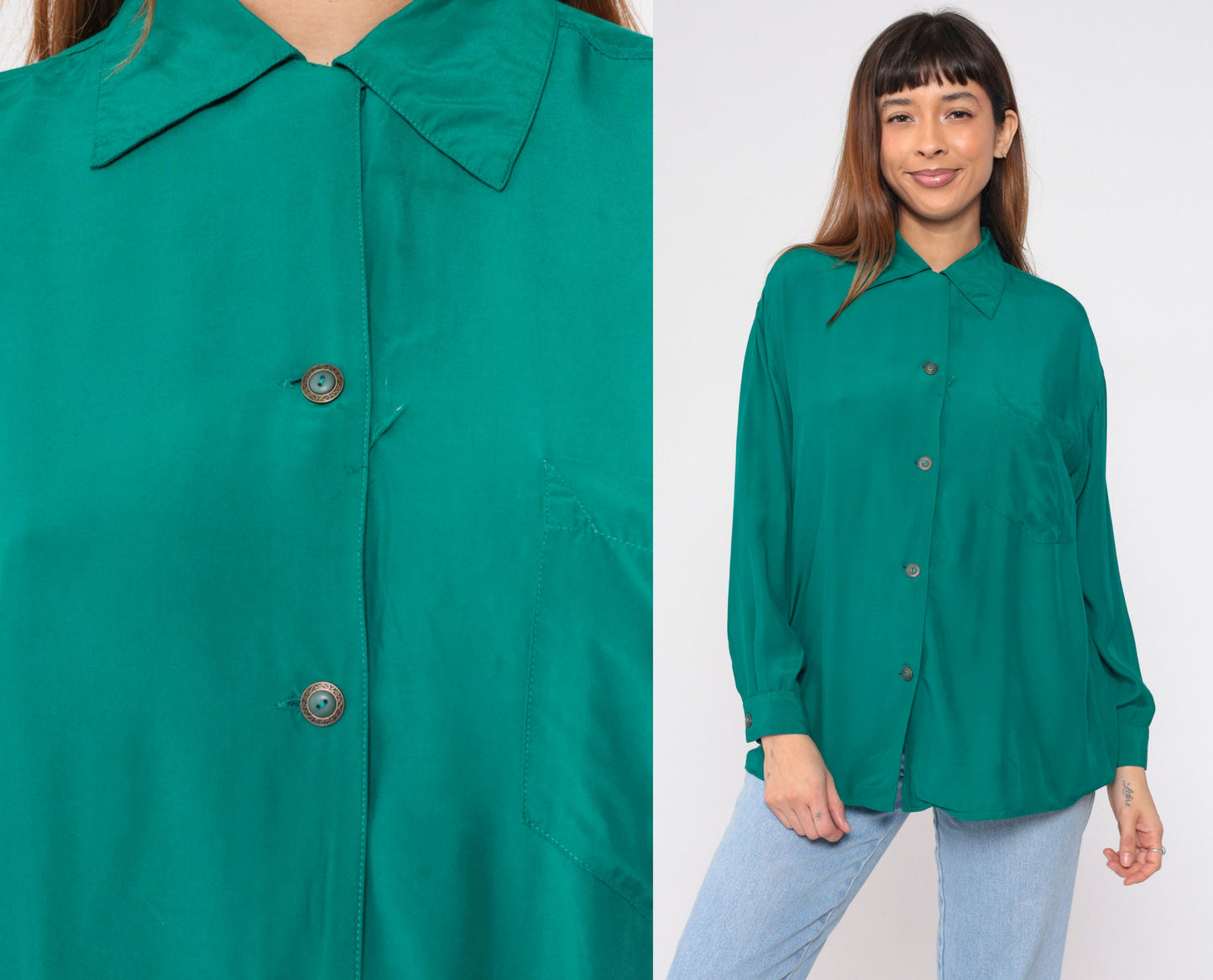 90s Paul Duffier Green Button-Up Blouse Long Sleeve Collared Small