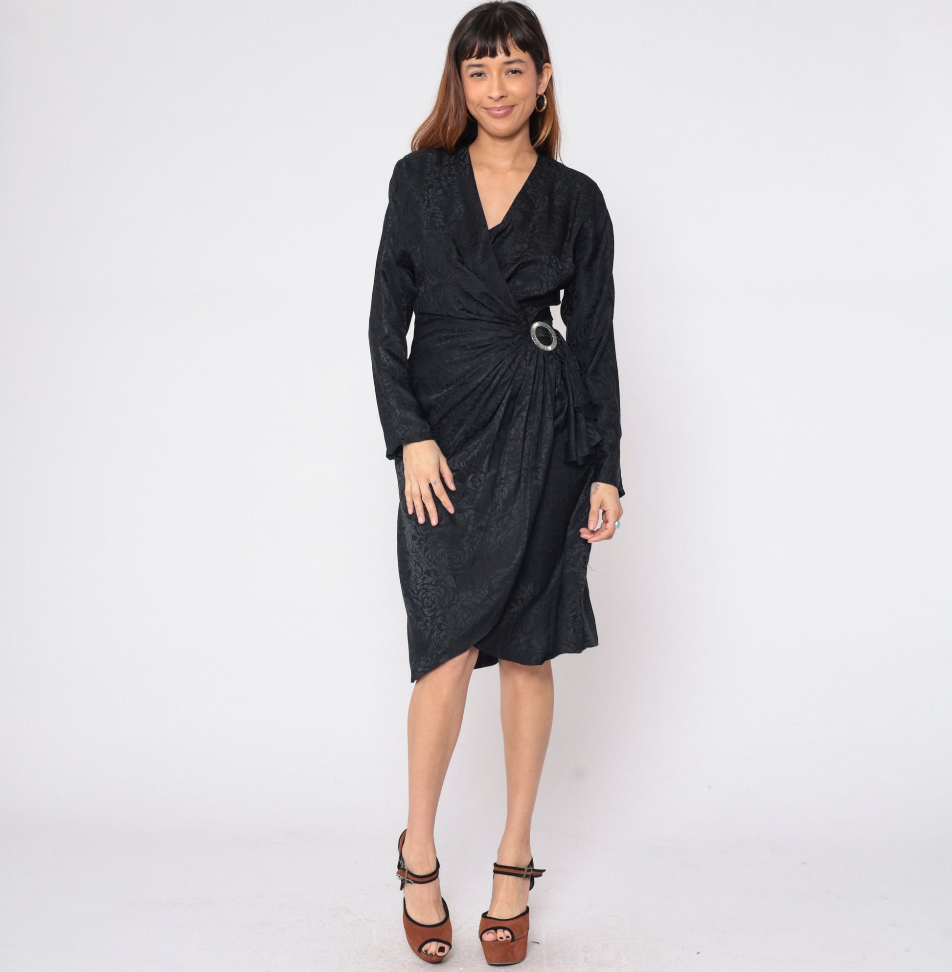80s Argenti Black Silk Floral Jacquard Wrap Dress Midi Dolman Sleeve Medium 8