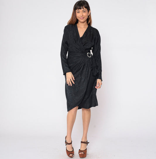 80s Argenti Black Silk Floral Jacquard Wrap Dress Midi Dolman Sleeve Medium 8