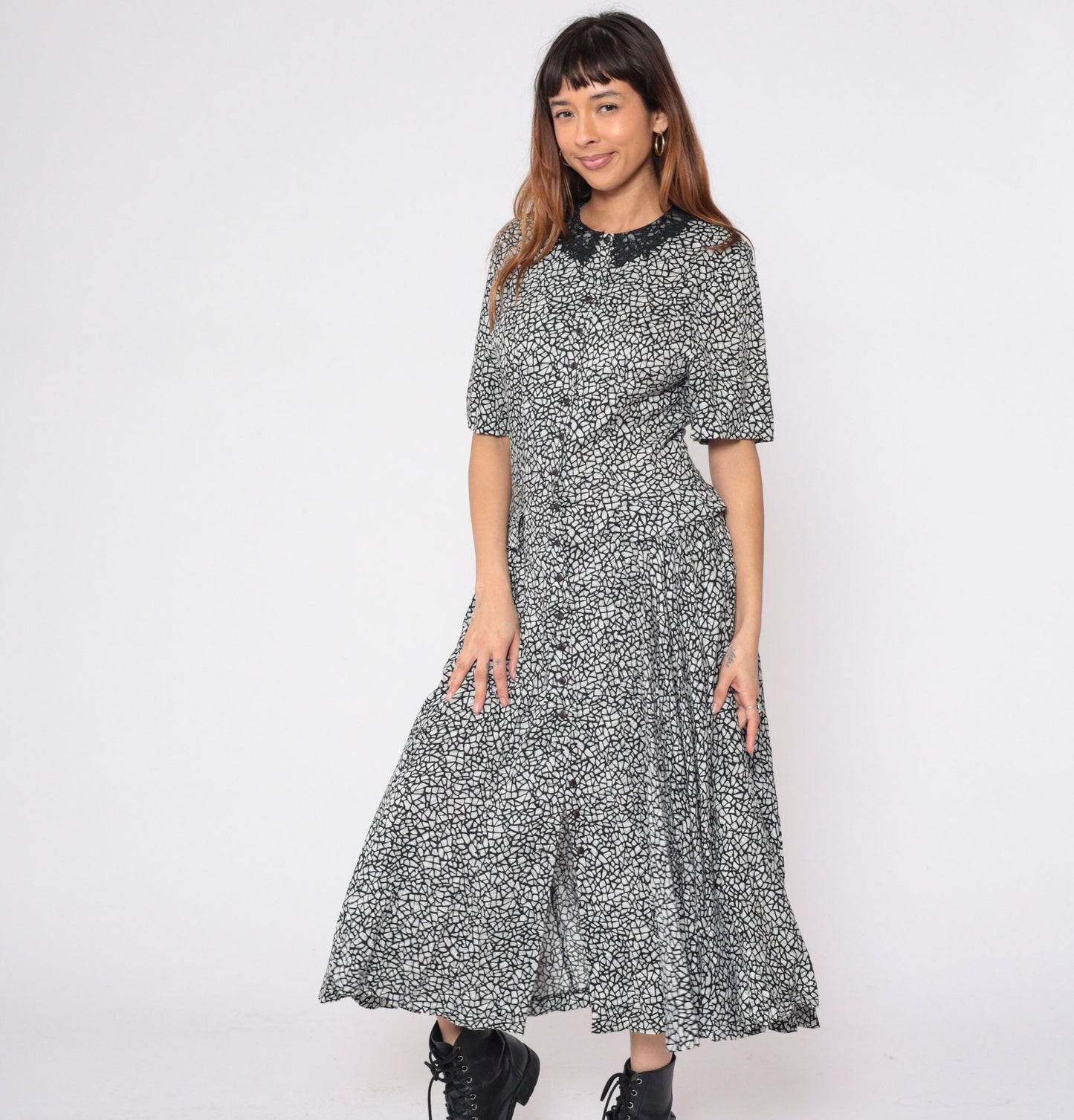 80s Diane Von Furstenberg Mosaic Print Midi Dress Black White Lace Collar Small 6