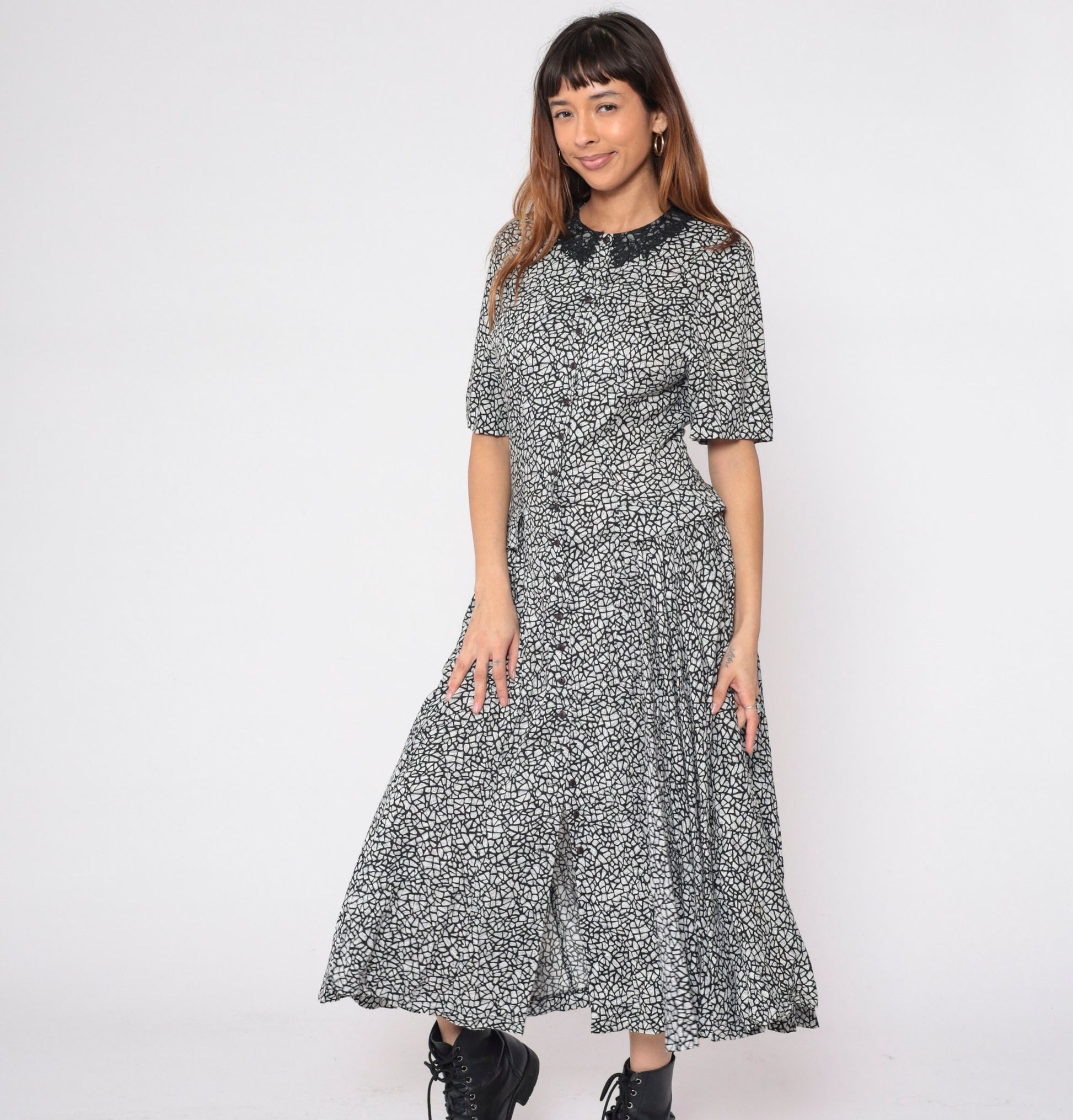 80s Diane Von Furstenberg Mosaic Print Midi Dress Black White Lace Collar Small 6