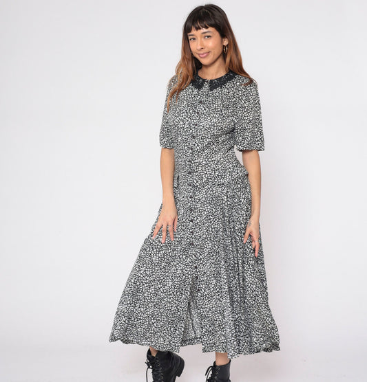 80s Diane Von Furstenberg Mosaic Print Midi Dress Black White Lace Collar Small 6