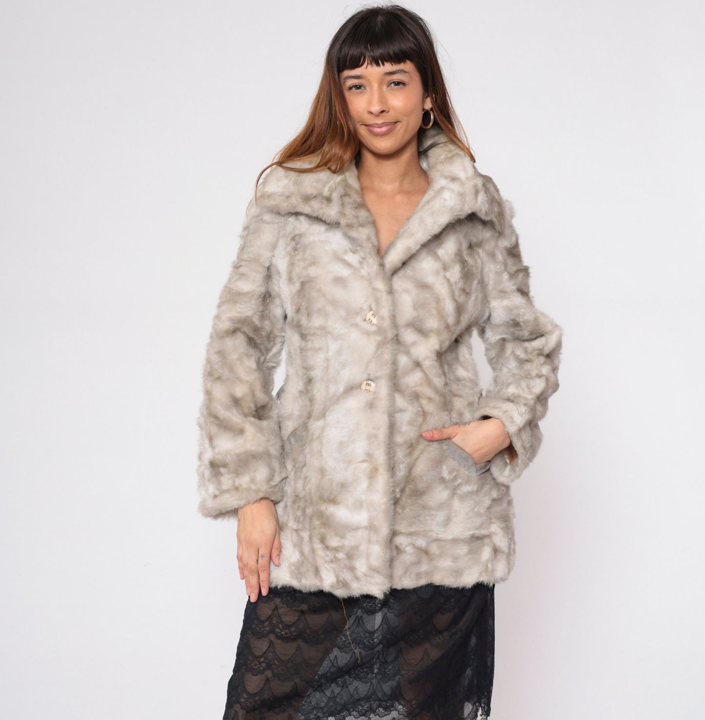 70s Sears Grey Faux Fur Coat Button Front Small